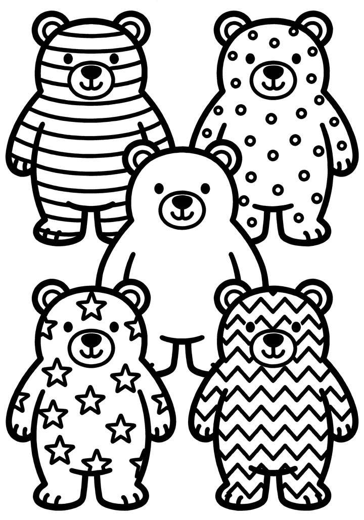 Bear coloring page — Five with patterns version
