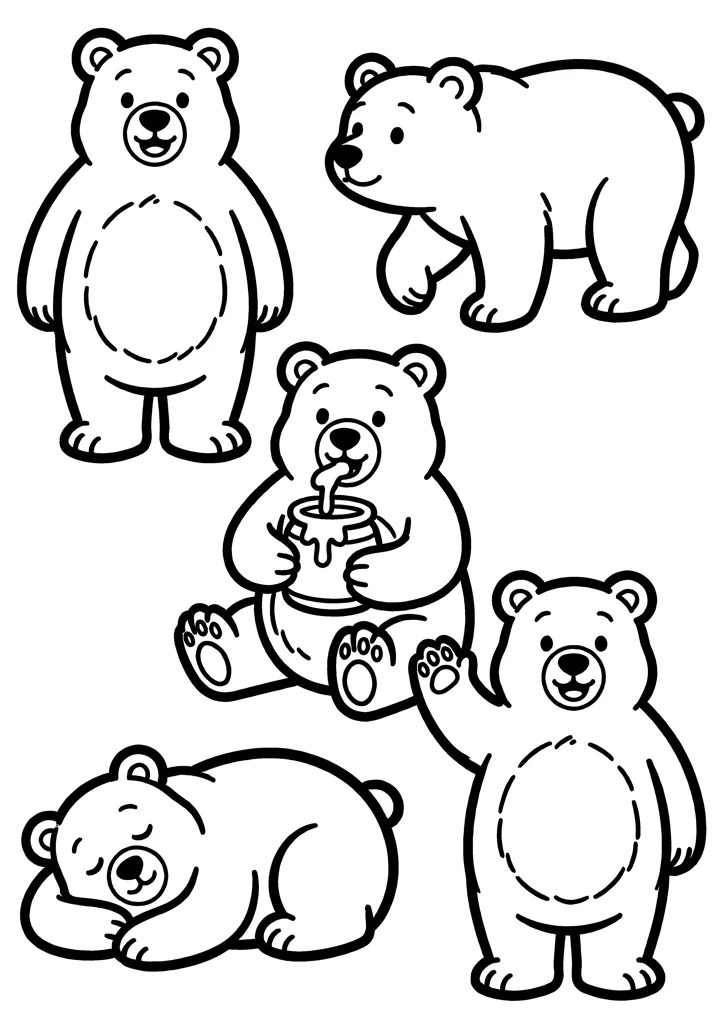 Bear coloring page — Five poses version