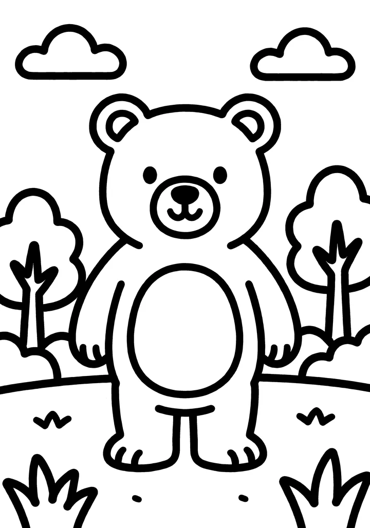 Bear coloring page — Full scene version