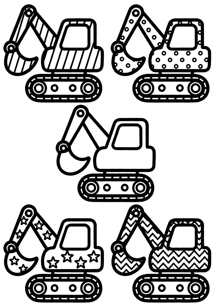 Excavator coloring page — Five with patterns version
