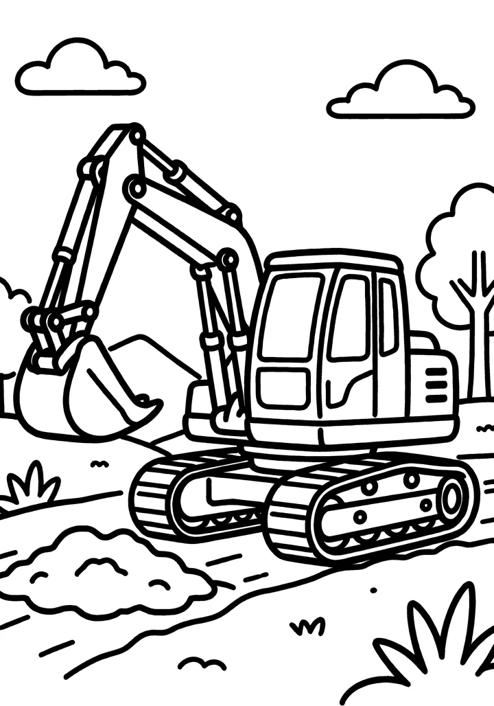 Excavator coloring page — Full scene version