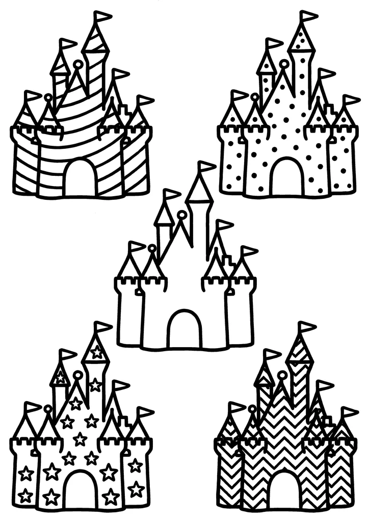 Castle coloring page — Five with patterns version