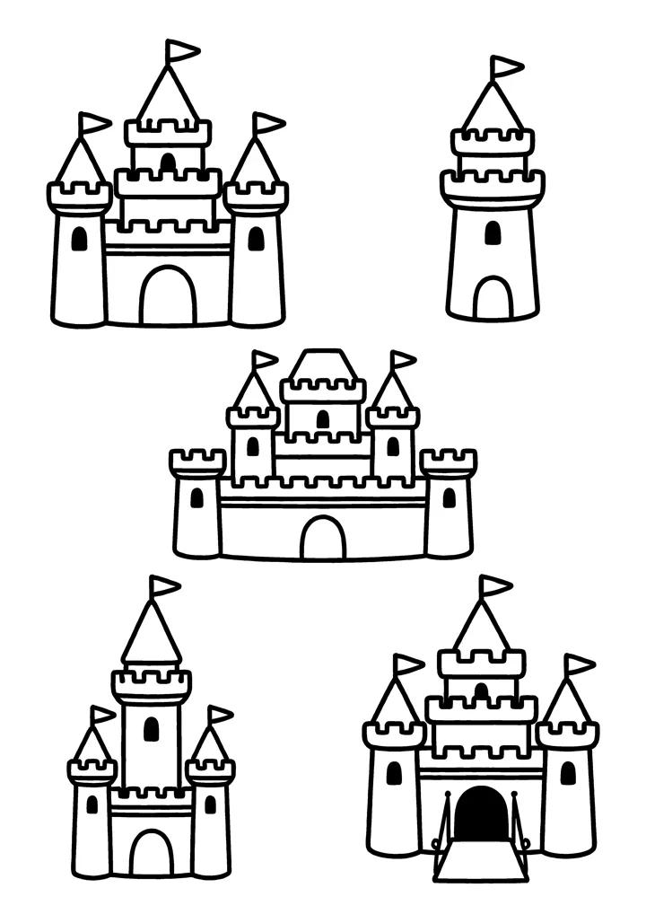 Castle coloring page — Five poses version