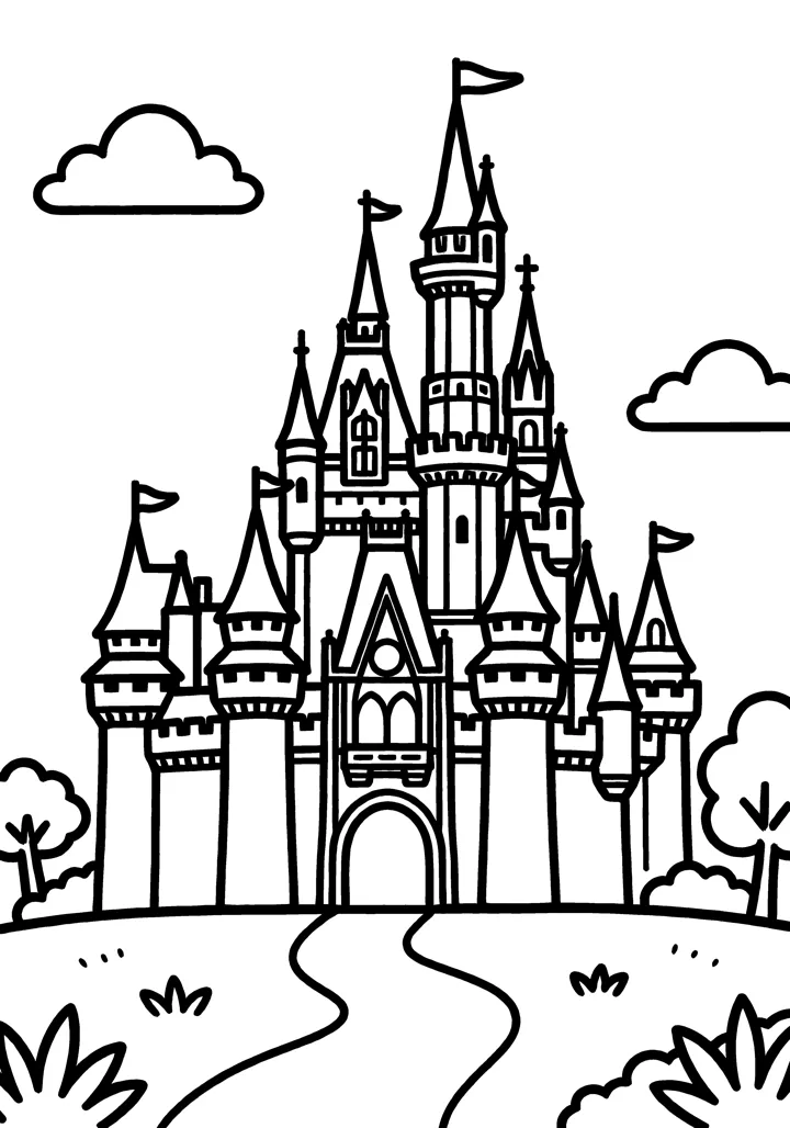 Castle coloring page — Full scene version