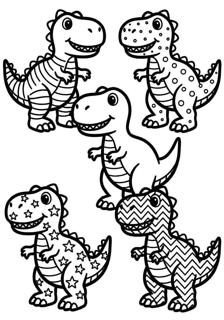 Dinosaur coloring page — Five with patterns version