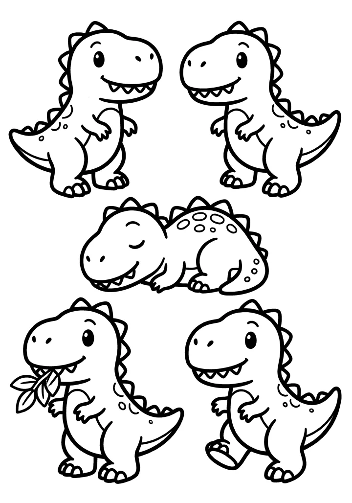 Dinosaur coloring page — Five poses version