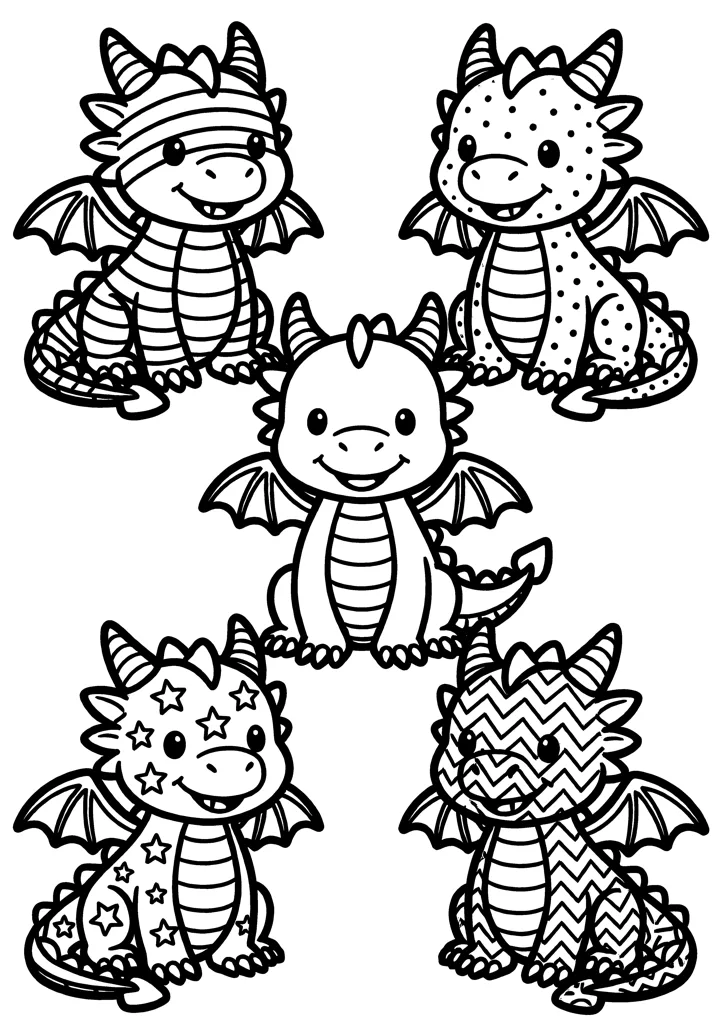 Dragon coloring page — Five with patterns version