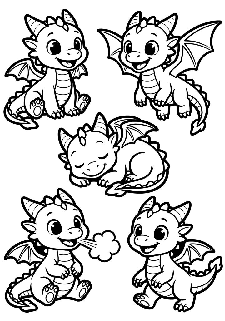 Dragon coloring page — Five poses version
