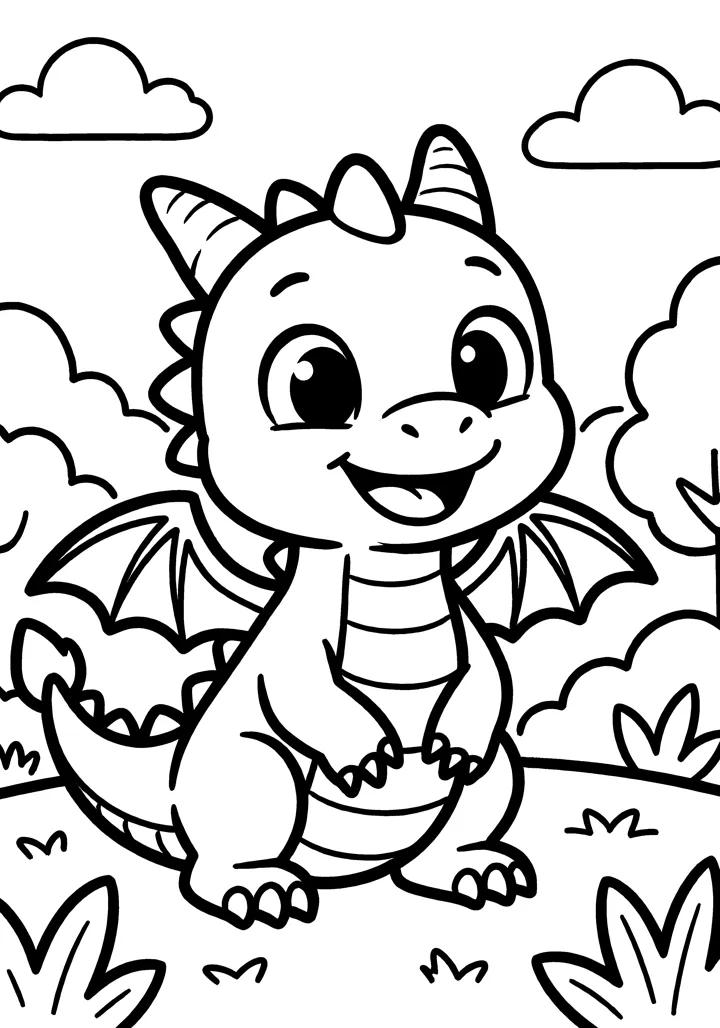 Dragon coloring page — Full scene version
