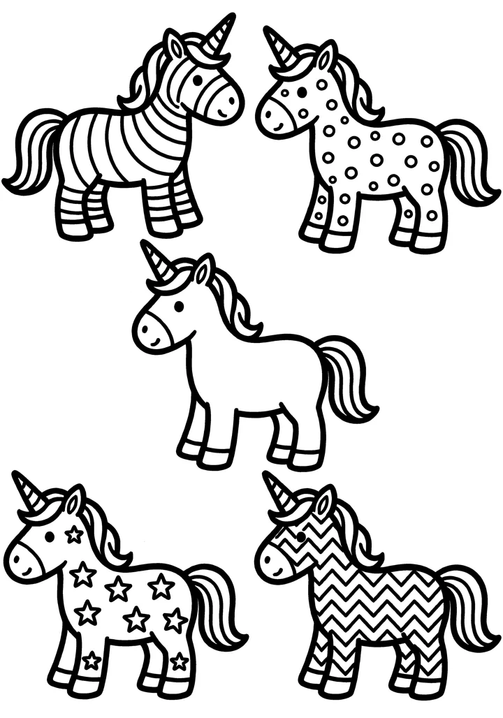 Unicorn coloring page — Five with patterns version
