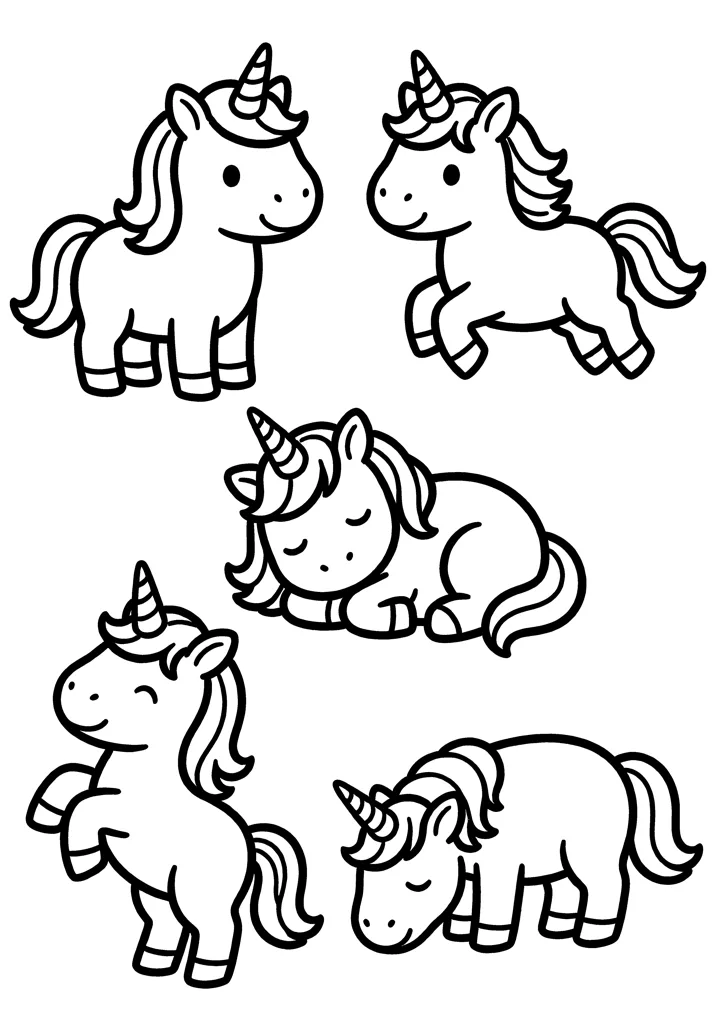 Unicorn coloring page — Five poses version