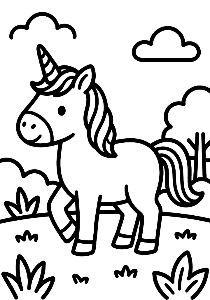 Unicorn coloring page — Full scene version
