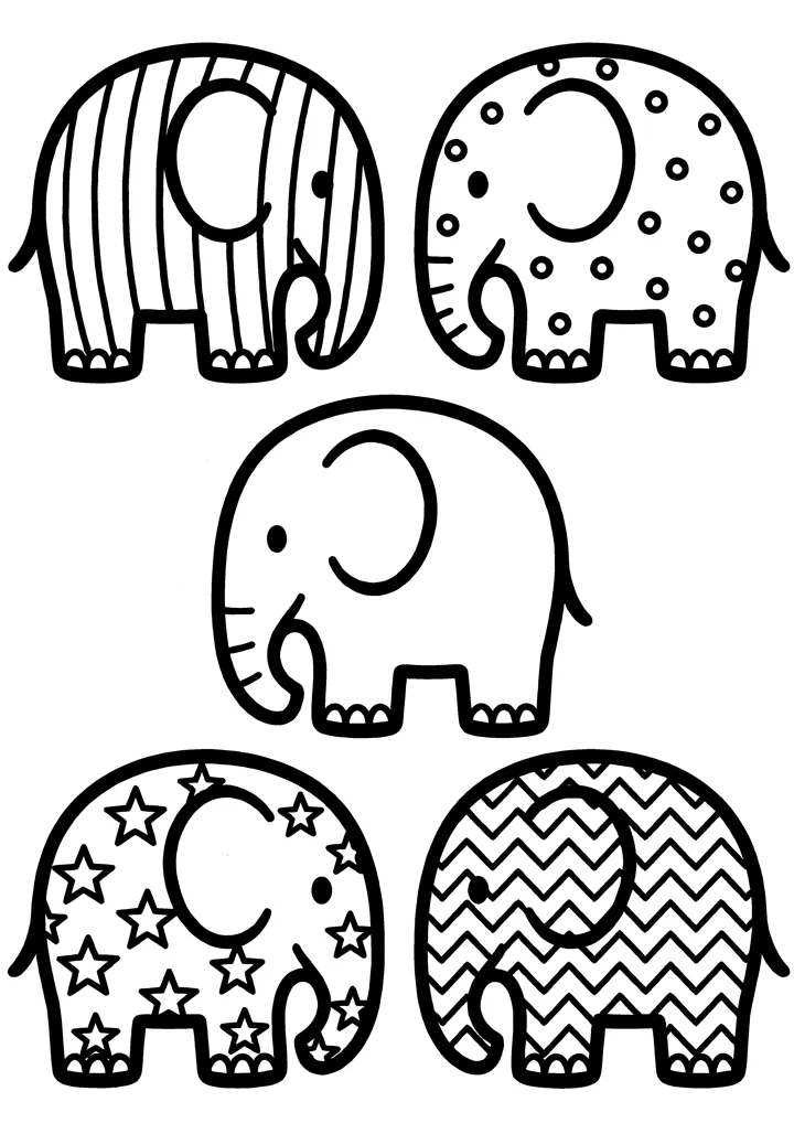 Elephant coloring page — Five with patterns version