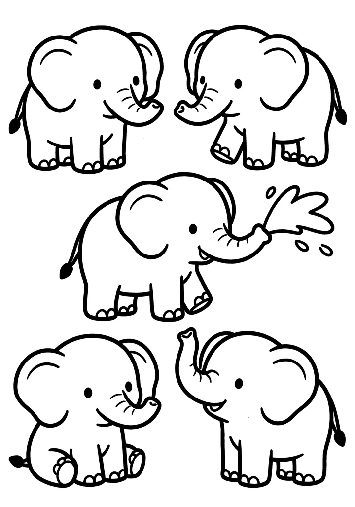 Elephant coloring page — Five poses version