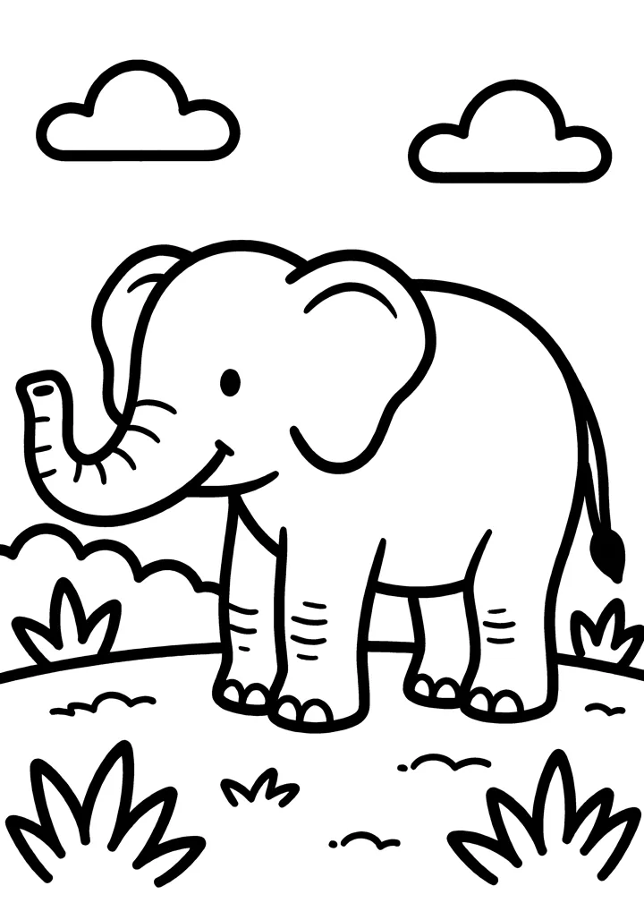 Elephant coloring page — Full scene version