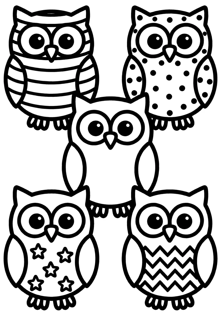 Owl coloring page — Five with patterns version