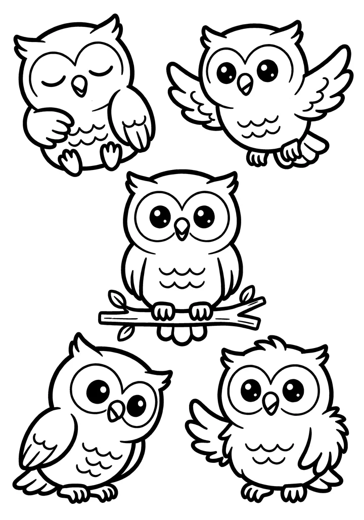Owl coloring page — Five poses version