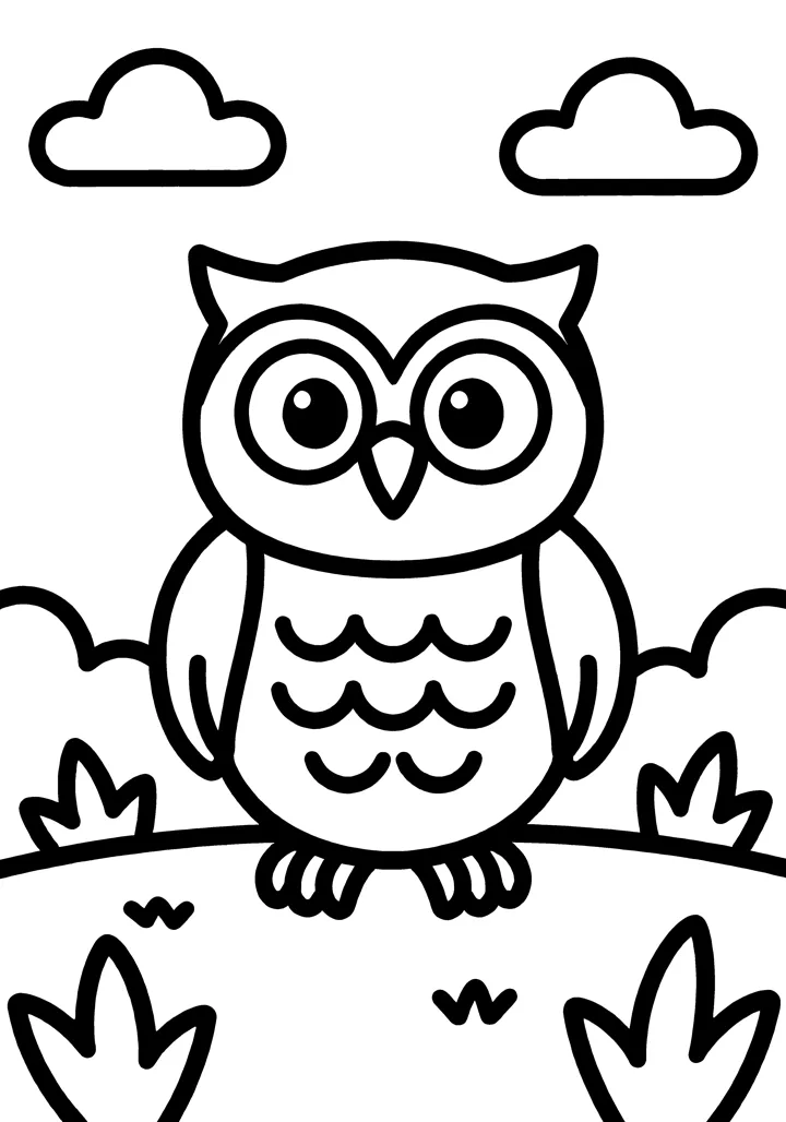 Owl coloring page — Full scene version