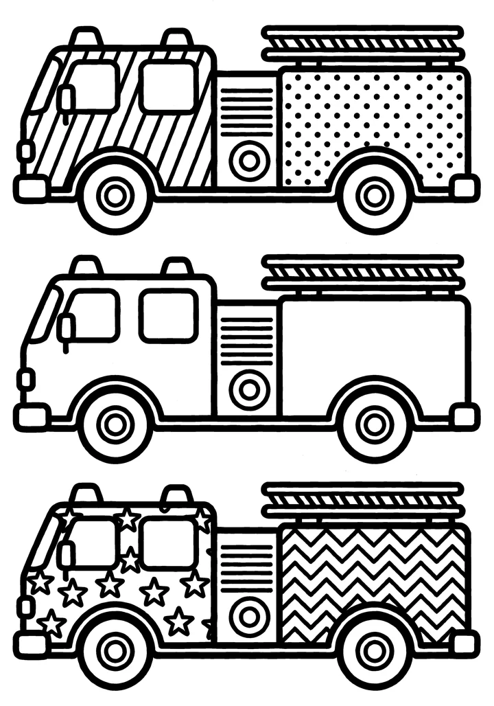 Fire Truck coloring page — Five with patterns version
