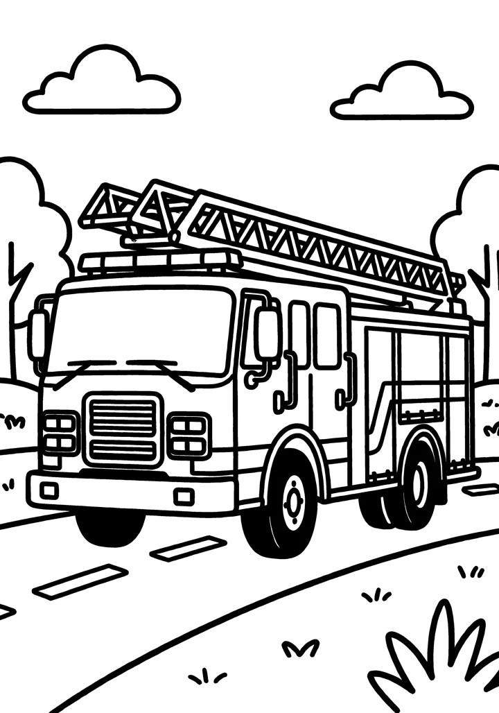 Fire Truck coloring page — Full scene version