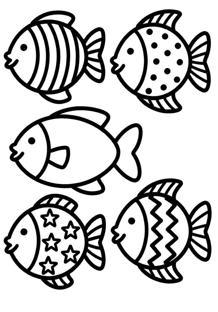 Fish coloring page — Five with patterns version