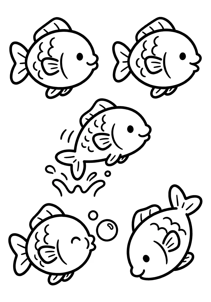 Fish coloring page — Five poses version