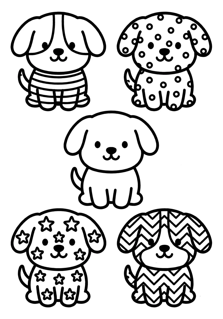 Dog coloring page — Five with patterns version