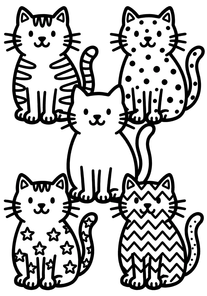 Cat coloring page — Five with patterns version