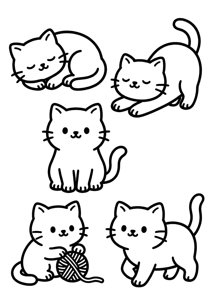 Cat coloring page — Five poses version