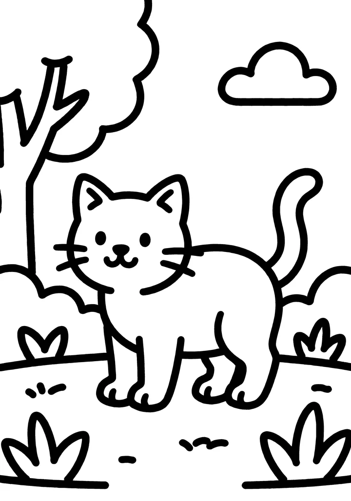 Cat coloring page — Full scene version