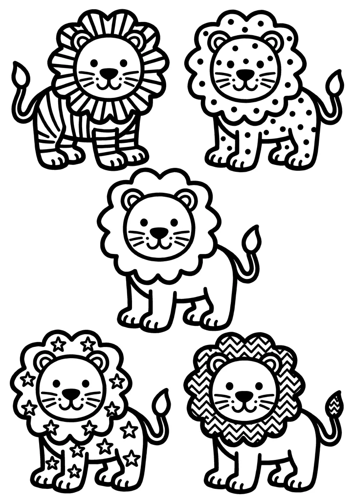 Lion coloring page — Five with patterns version