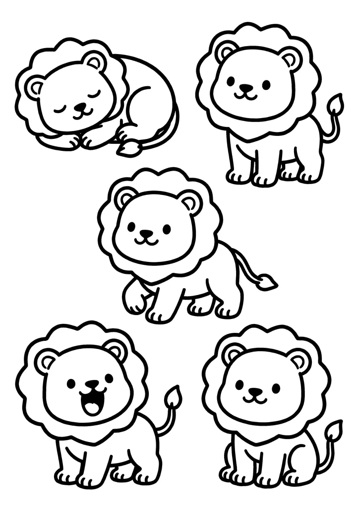 Lion coloring page — Five poses version