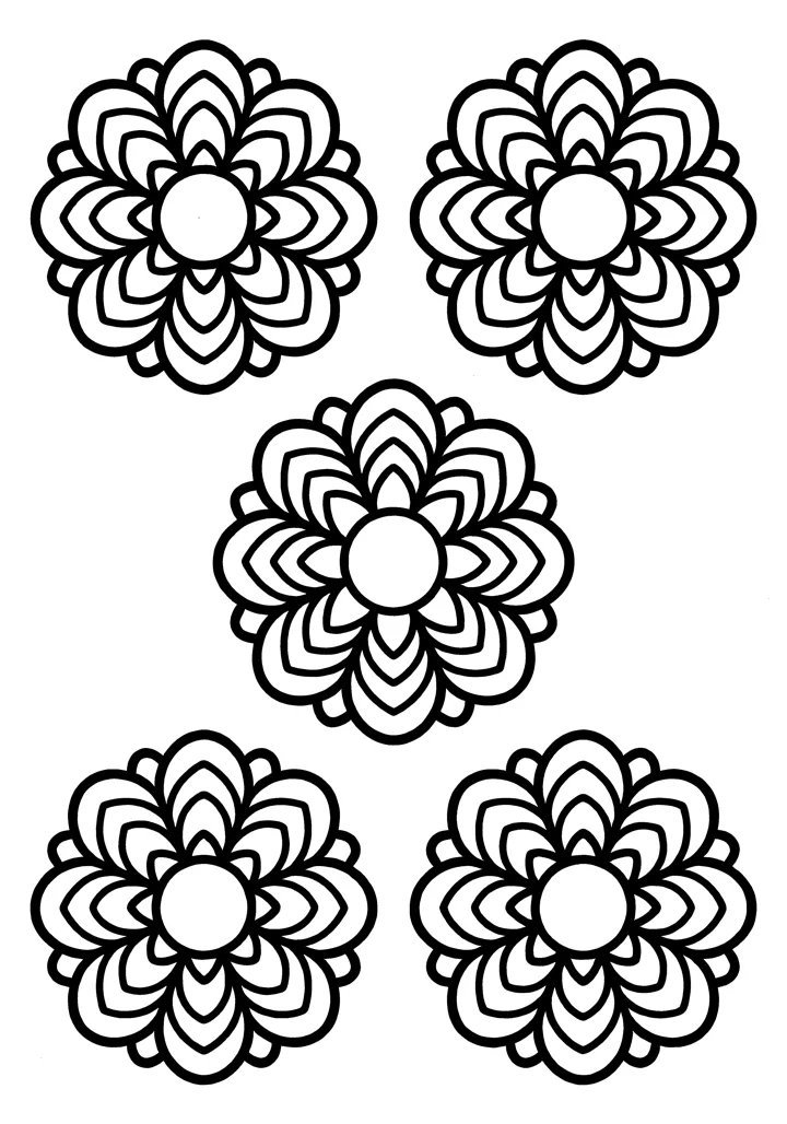 Flower Mandala coloring page — Five with patterns version