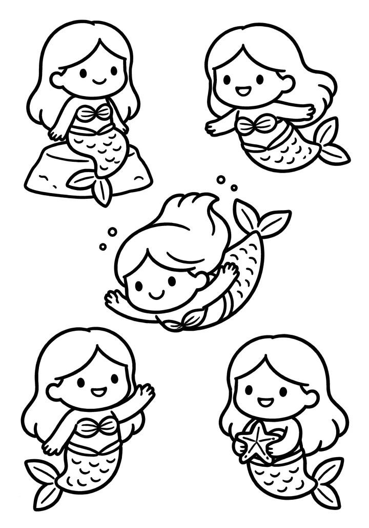 Mermaid coloring page — Five poses version