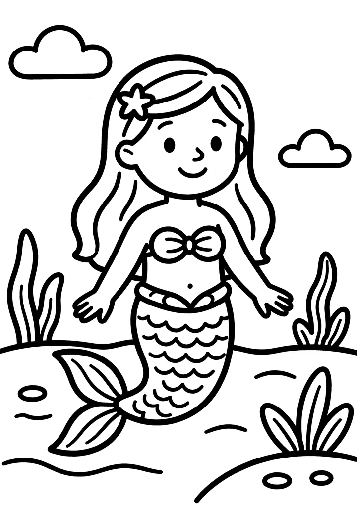 Mermaid coloring page — Full scene version