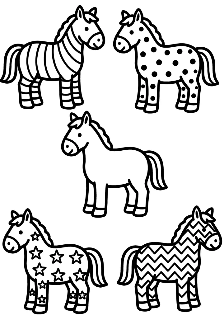 Horse coloring page — Five with patterns version
