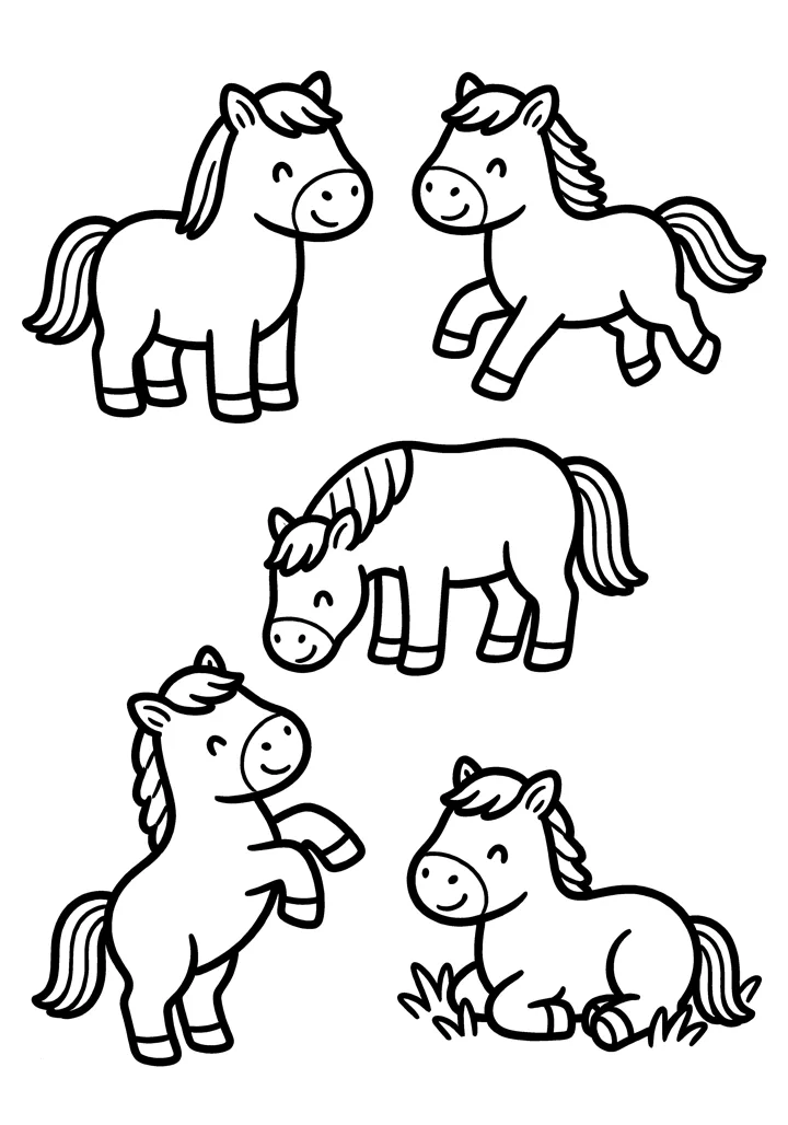 Horse coloring page — Five poses version