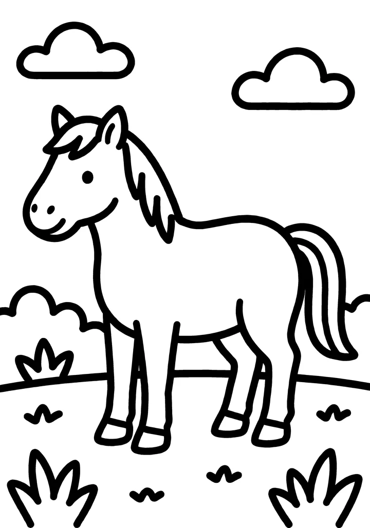 Horse coloring page — Full scene version