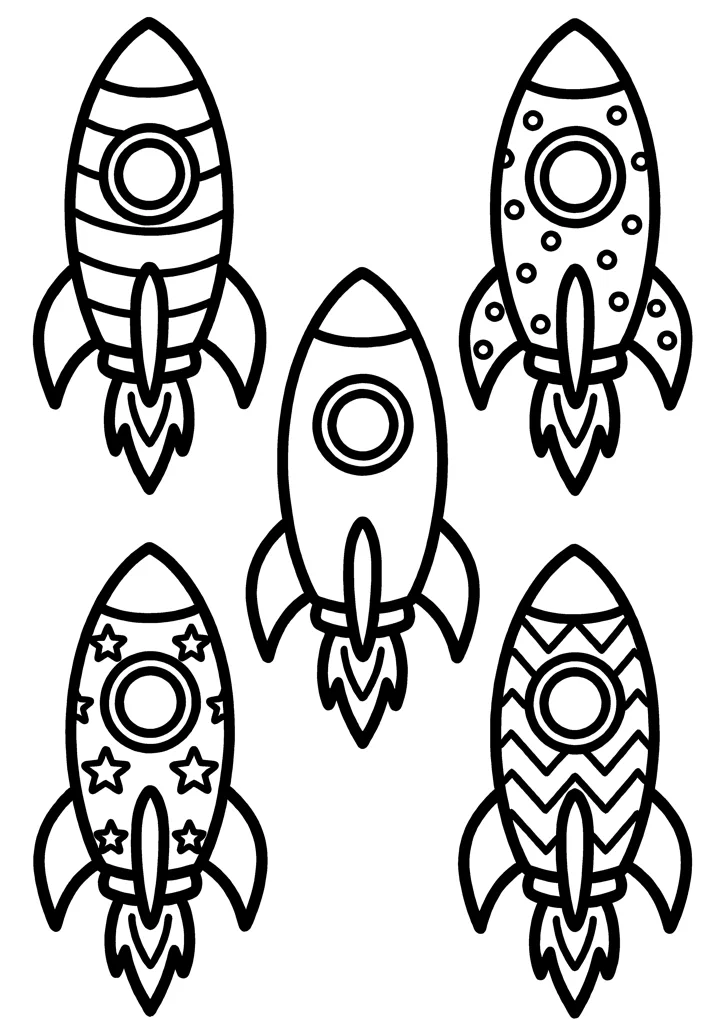 Rocket coloring page — Five with patterns version