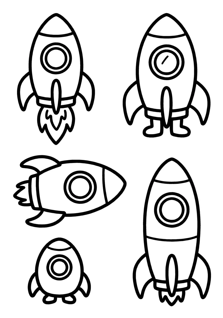 Rocket coloring page — Five poses version
