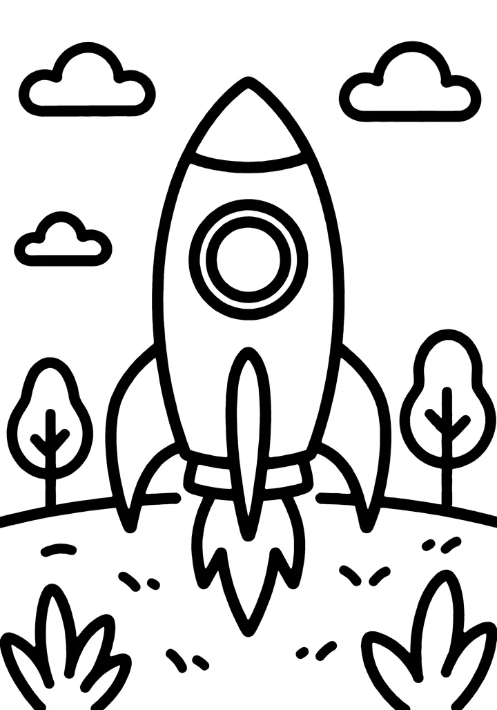 Rocket coloring page — Full scene version