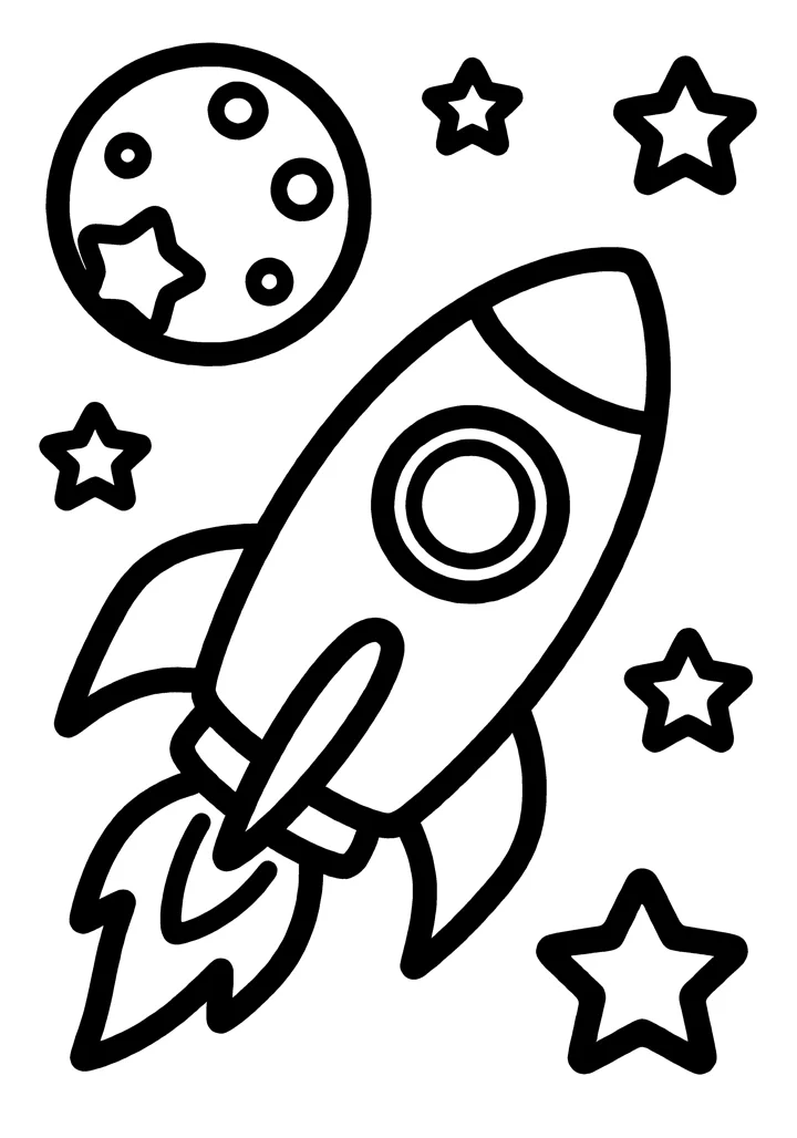 Rocket coloring page — black and white printable line drawing