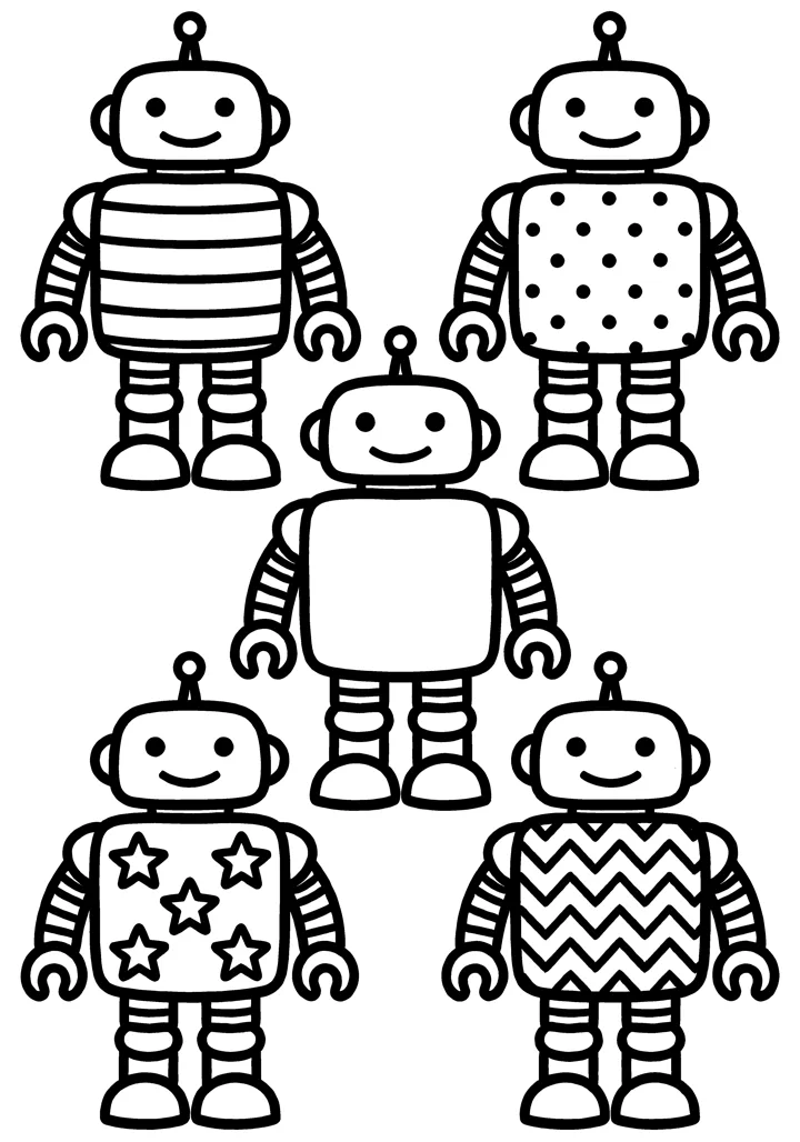 Robot coloring page — Five with patterns version