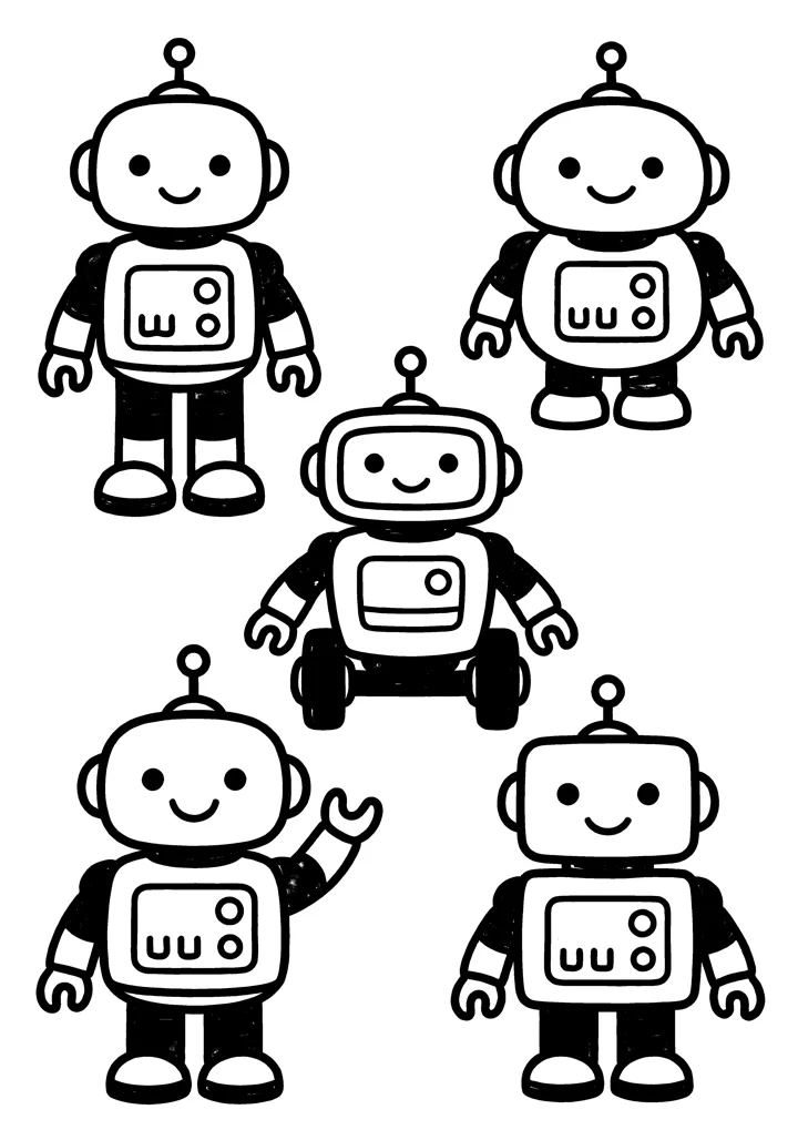 Robot coloring page — Five poses version