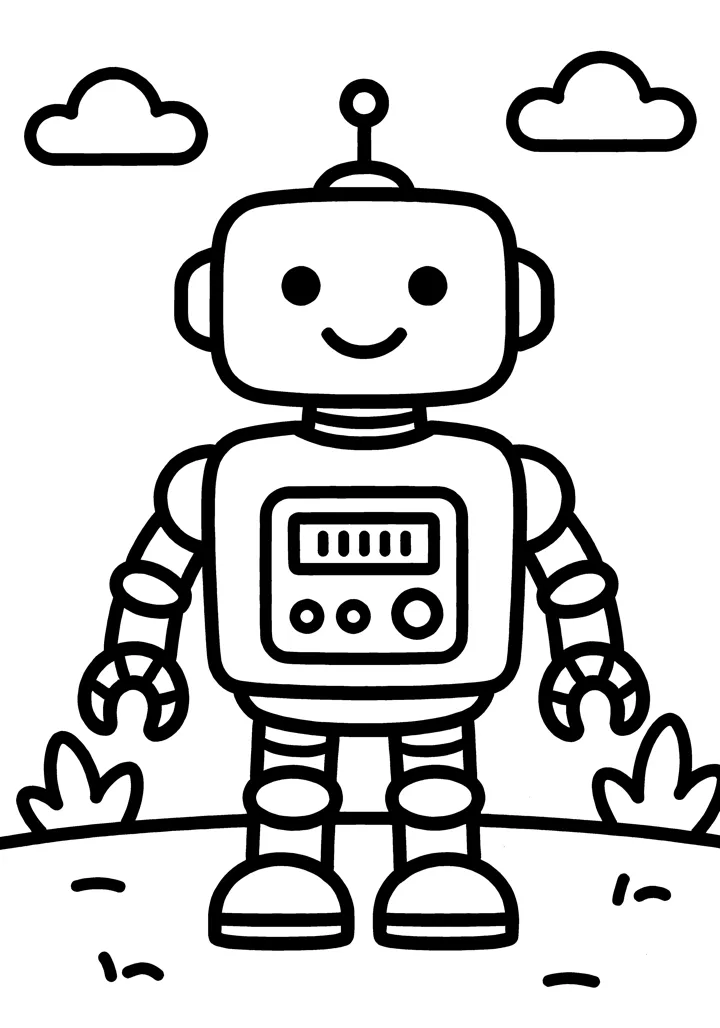 Robot coloring page — Full scene version