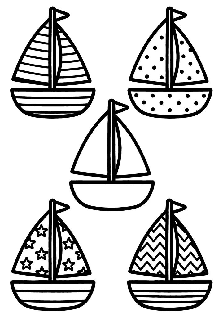 Sailboat coloring page — Five with patterns version