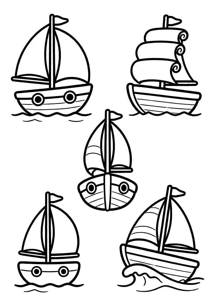 Sailboat coloring page — Five poses version