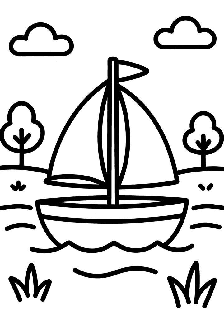 Sailboat coloring page — Full scene version