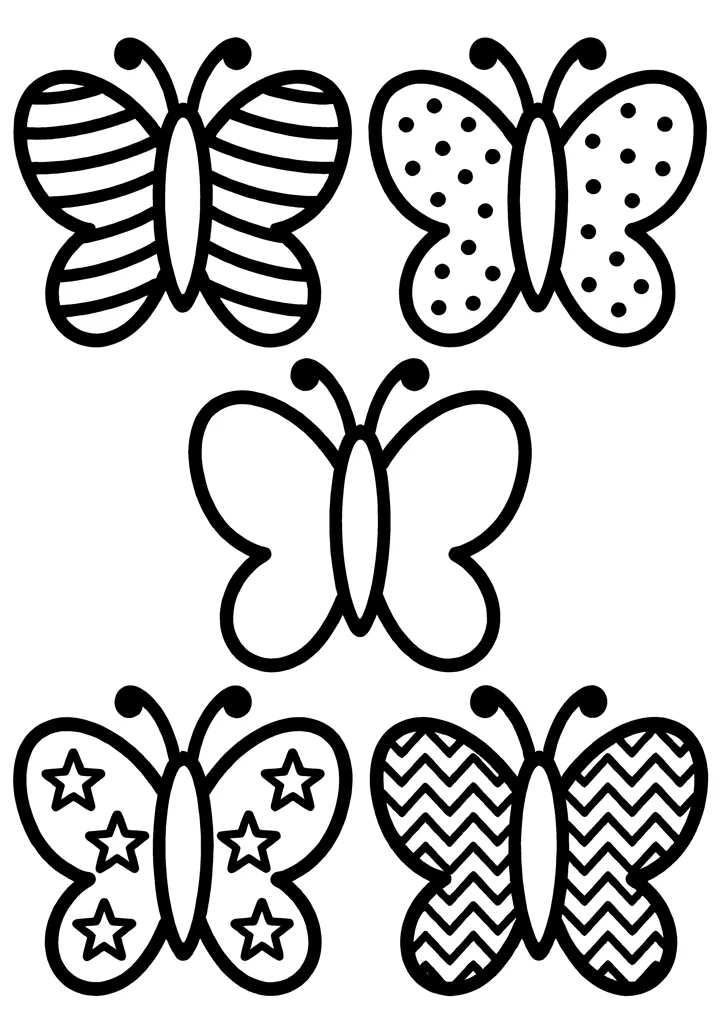 Butterfly coloring page — Five with patterns version
