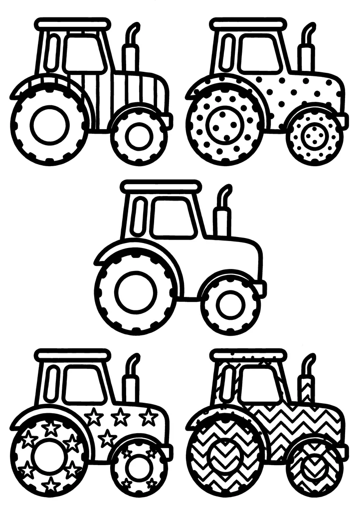 Tractor coloring page — Five with patterns version